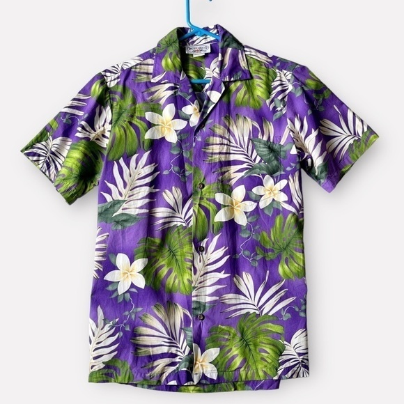 Y2K Hawaiian Print Button Front Shirt Floral Palm Print Purple Cotton Hawaii S - Picture 2 of 11